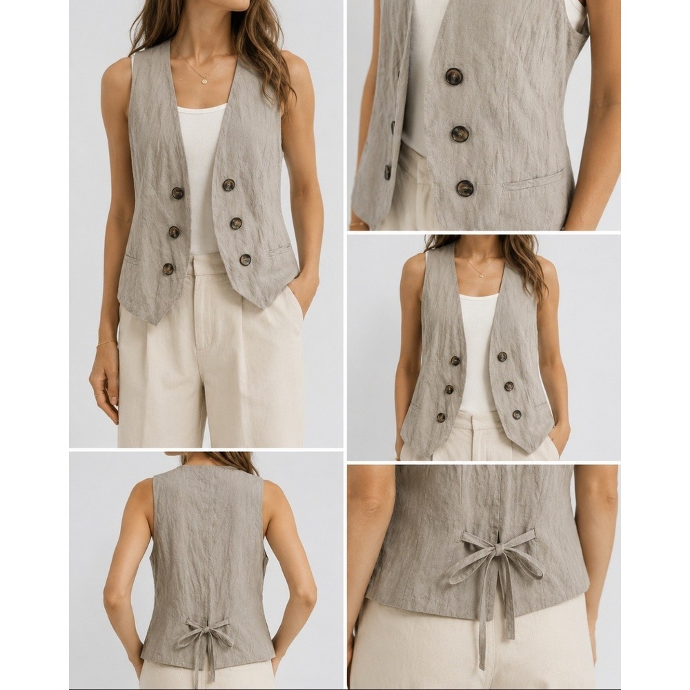 Massimo Dutti Women's 36 Mushroom Taupe Open Front Vest Tie Back‎ Waistcoat
